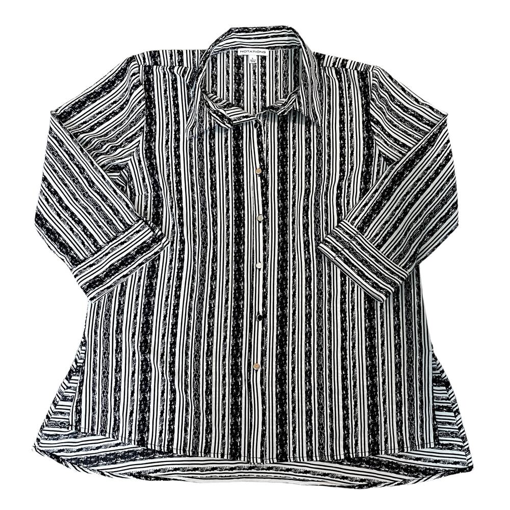 Notations Black White Striped Collared Blouse Womens Size L